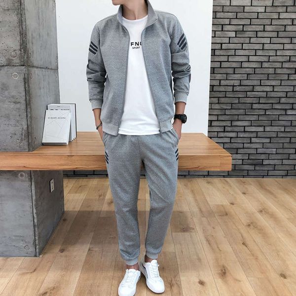 

2020 sweater cardigan and autumn new men's suit youth stand collar casual korean sportswear two piece fashion 8xql, Gray