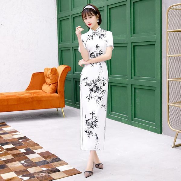 

plus size 4xl chinese style ink painting bamboo flowers print women elegant silk cheongsam satin dress women daily chinese qipao1, Red