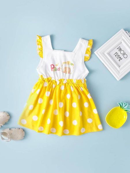 

toddler girls cartoon graphic polka dot dress she, Red;yellow