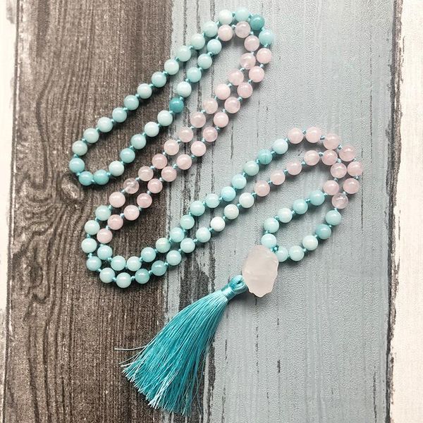 

chains raw stone pendant mala necklaces rose q-uartz & amazonite knotted necklace 108 beads tassel womens gift for her, Silver