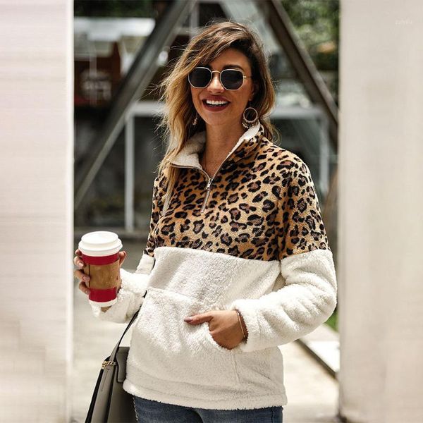 

soft artificial fleece fall loose long sleeve women hoodie pullover zipper causal leopard patchwork fashion jumper with pockets1, Black