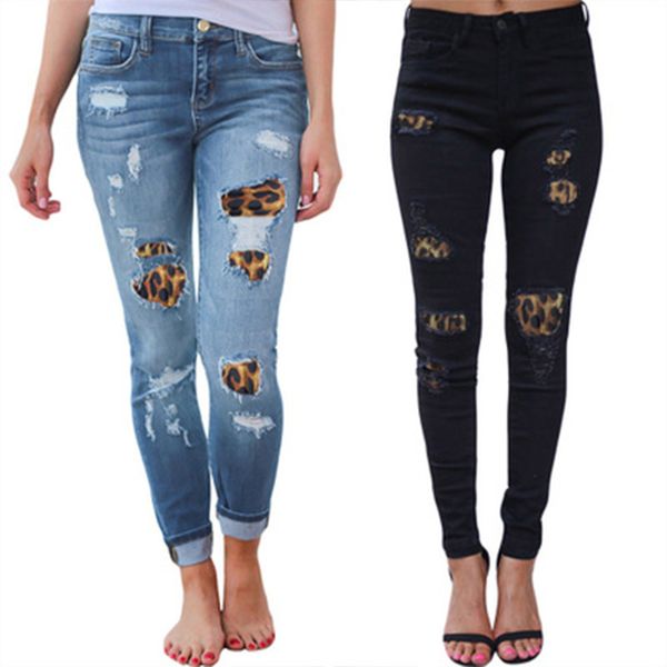 

2020 leopard print hole sticking fabric leg jeans women's autumn and winter tight versatile elastic pencil pants, Blue