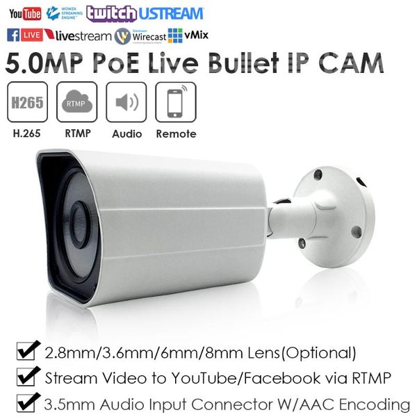 

5.0mp poe ir mini compact waterproof live streaming ip camera push live video to youtube facebook vimeo etc. w/audio