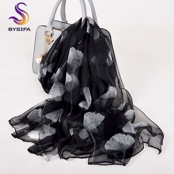 

bysifa] black white silk scarf women winter new ginkgo leaf 100% silk long scarves spring fall brand thin satin silk scarf y201007, Blue;gray