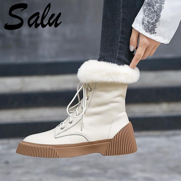

salu new women cow leather ankle boots platform heels autumn winter keep warm snow boots short basic shoes woman, Black