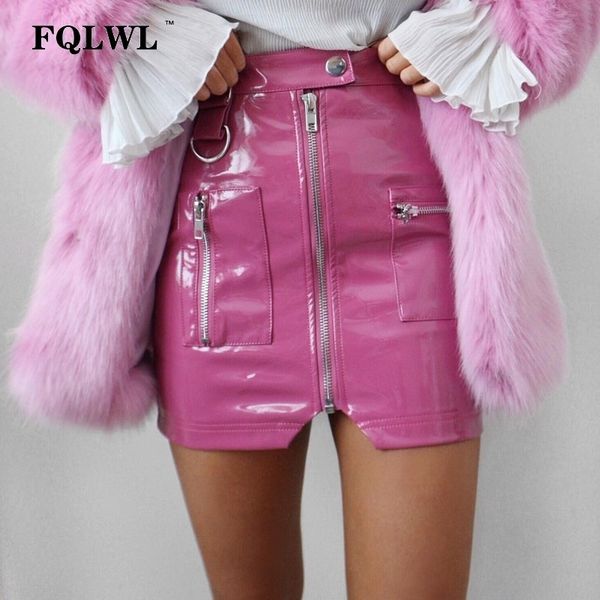 

fqlwl pink zipper pocket pvc pu leather skirt women high waist bodycon shorts mini skirts female club summer pencil skirts y200326, Black