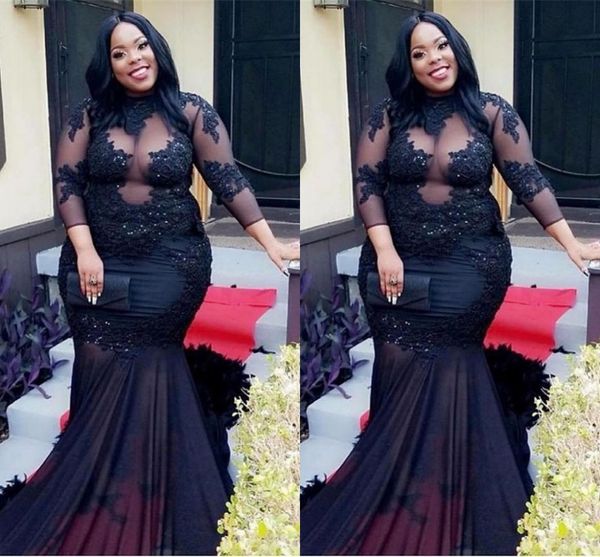 

vintage black lace plus size special occasion dresses evening formal gowns 2021 applique beads 3/4 sleeves mermaid party prom dresses cheap