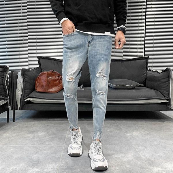 

ankle length stretch jeans men korean slim fit casual ripped jeans pants men streetwear denim hole trousers 341, Blue