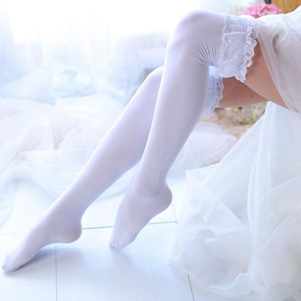 

fashion classic women high over knee socks thigh high stockings opaque big lace student black long sock (so16)1, Black;white