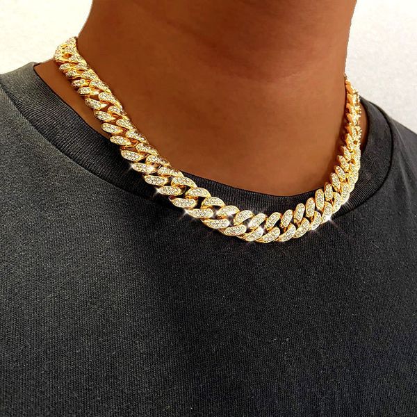 

13mm hip hop iced out crystal miami cuban chain choker necklaces for mens gold silver color bling rhinestone necklace jewleryq0115, Golden;silver