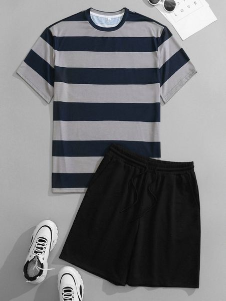 

men striped tee & drawstring waist shorts q0sm#, Gray