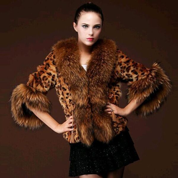 

women's fur & faux u-swear fashion winter women leopard coat with raccoon dog collar poncho gilet chalecos de pelo mujer, Black