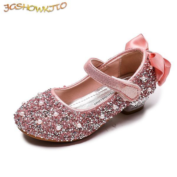 

kids girls high heeled crystal rhinestone with bowtie sweet princess children heels shoes for wedding party show dancing, Black;red