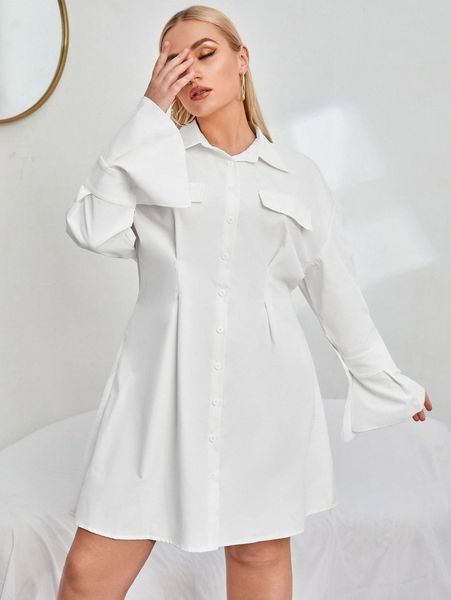 

plus drop shoulder slit cuff shirt dress 37wb#, Black