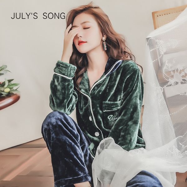 

july's song winter pajamas set women sleepwear warm flannel long sleeves pajamas pink cute cartoon homewear thick home suit 201027, Black;red