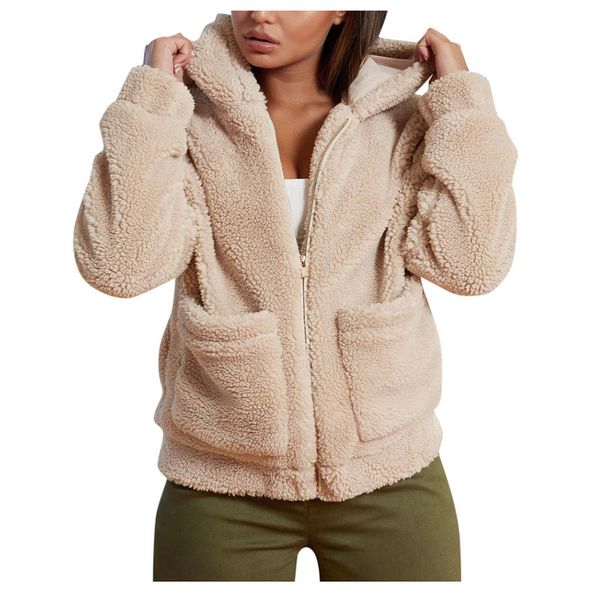 

stylishbar women teddy bear pocket coat lapel fleece fuzzy faux shearling zipper hooded warm outerwear jacket lady plush outwear, Black