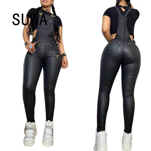 

2020 new product fashion classic black pu one piece trousers overalls with suspenders for women club party jumpsuits1, Black;white