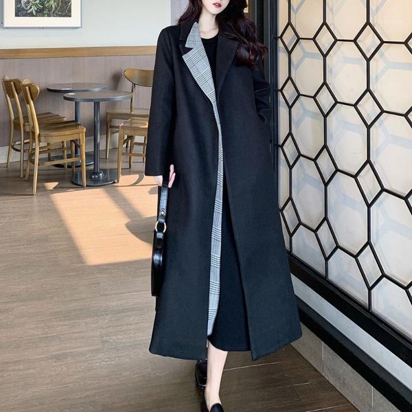 

korean version overcoat loose lapel splicing contrast fake two autumn winter draw back lace woolen coat1, Black