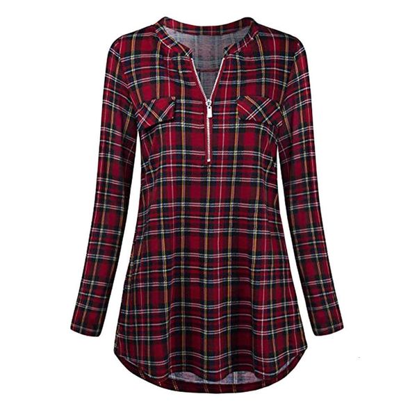 

women shirt plus size casual rolled sleeve zipped v-neck plaid printed shirt tunic long sleeve womens blouses camisas #38, White