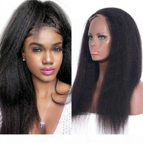

kinky straight full lace human hair wigs yaki lace wigs malaysian hair 130% density lace front wigs, Black;brown