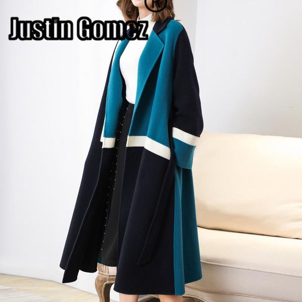 

loose medium-length patchwork elegant female wool coat long sleeve straight thick warm turndown collar winter coat women, Black