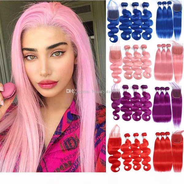 

pure color blue red pink purple red brazilian body wave straight hair 3 bundles with 4*4 lace closure 100% remy human hair extensions, Black;brown