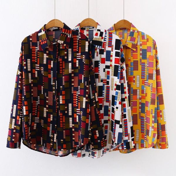 

women's blouses & shirts lady shirt women turn down collar casual fashion female blouse retro print long sleeve lapel ladies streetwear, White
