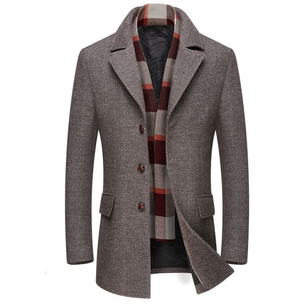 

middle aged men's thickened lapel scarf collar woollen windbreaker business casual coat fashion in autumn and winter, Tan;black