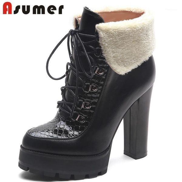 

asumer 2020 high heel platform boots women genuine leather footwear lace up fashion winter shoes woman ankle boots1, Black