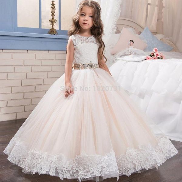 

latest appliques beaded button back flower girl dresses tulle ball gowns kids pageant dresses robe fille fleur, Red;yellow