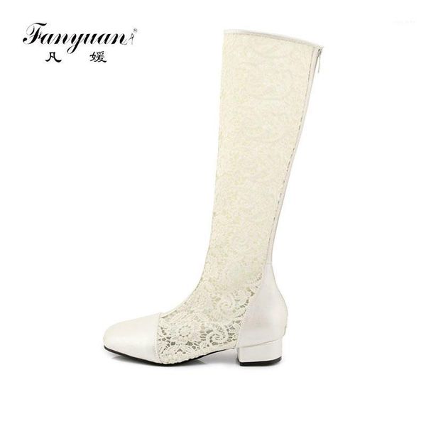

fanyuan fashion women knee high boots square heel zipper lace mesh boots summer cool breathable women's shoes1, Black