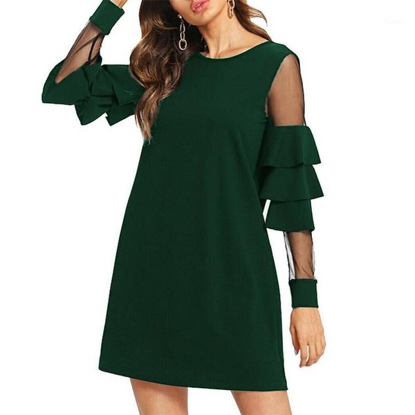 

new womens splicing dress ruffles mesh long sleeve dresses 2019 ladies evening party loose casual short mini dress sundress1, Black;gray