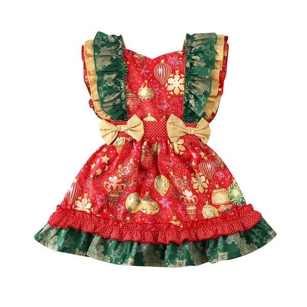 

xmas toddler kid baby girls dress 0-3y print ruffles christmas pageant bow a-line dress princess clothes, Red;yellow