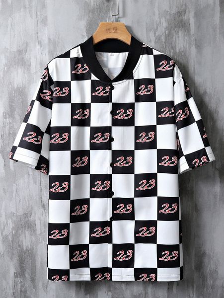 

men number & checker print baseball collar shirt h0sg#, White;black