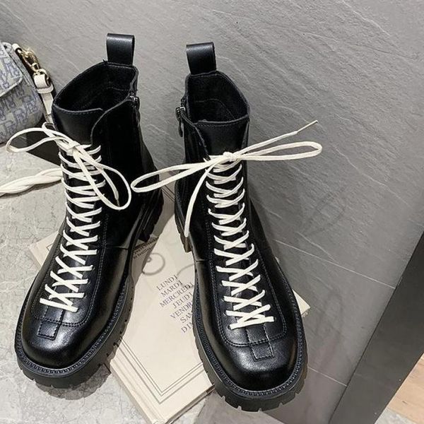 

women motorcycle boots punk boots black square head 2020 autumn comfortable woman shoes lace-up pu female