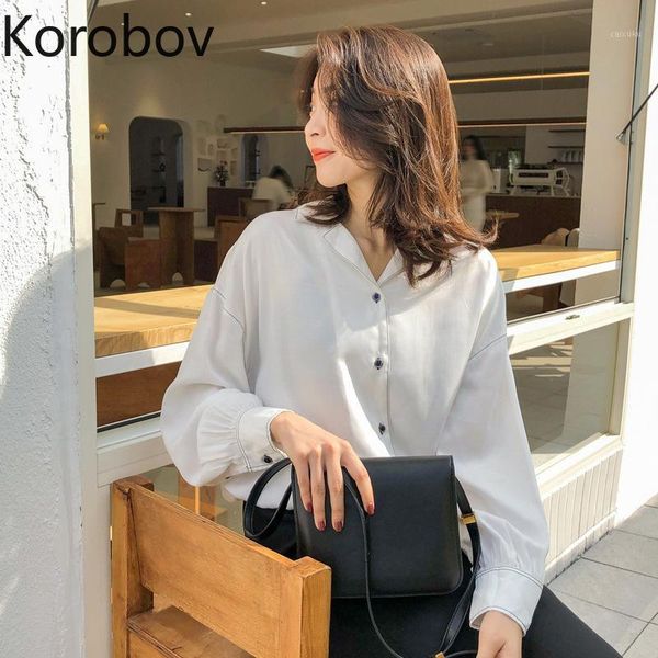 

2020 spring summer korean solid long sleeve women blouses vintage korean female shirts single breasted mujer blusas1, White