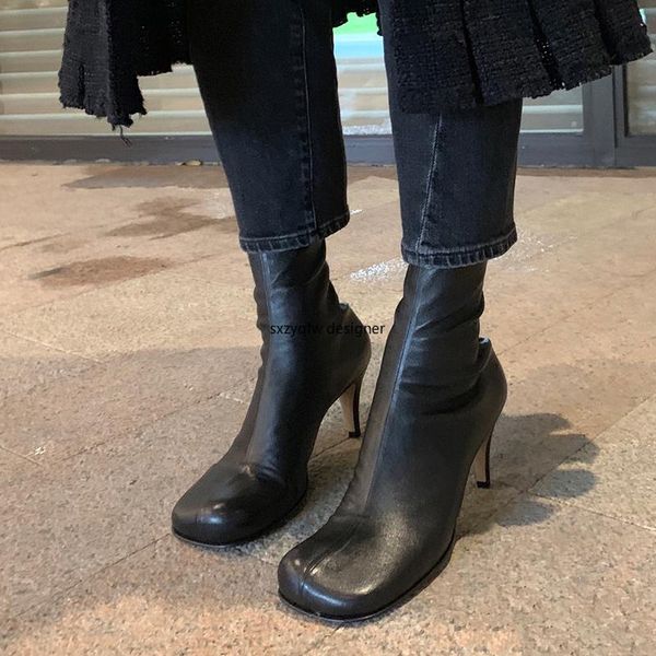 

boots real soft leather back zipper women short square toe thin mid heel mid-calf spring/autumn motorcycle, Black