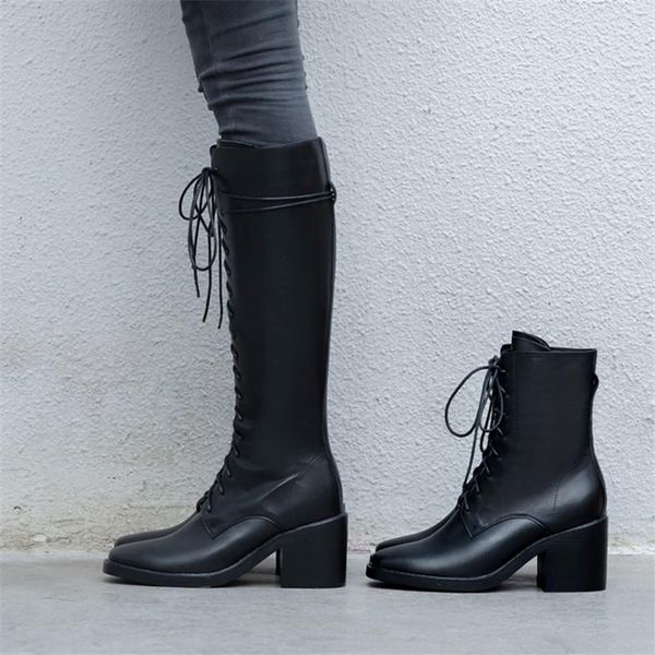 

boots pxelena vintage block chunky high heels combat motorcycle army long women cow leather lace up riding knight shoes winter, Black