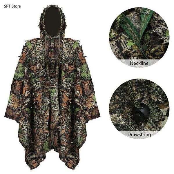 

tactical 3d leaf woodland cloak camouflage hunting clothes + pants ghillie suit outdoor war game men poncho windbreaker, Camo