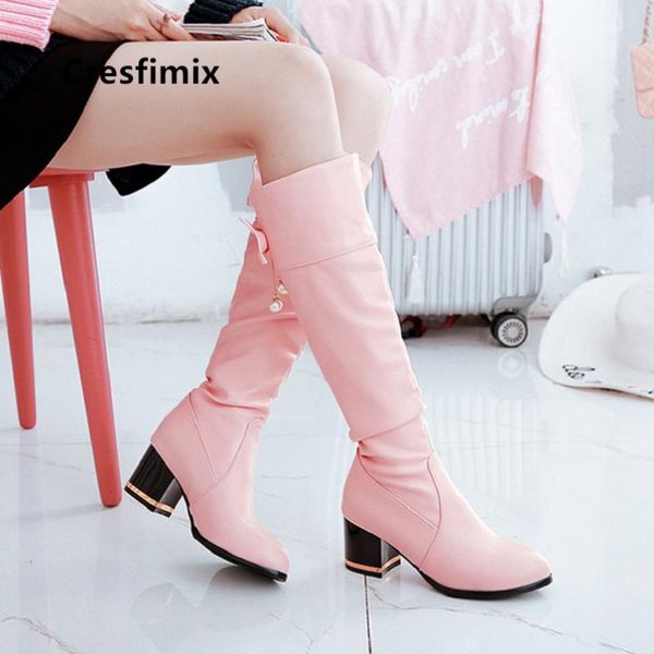 

cresfimix botas femininas women cute sweet high heel pu leather boots lady fashion autumn black boots winter long a6053
