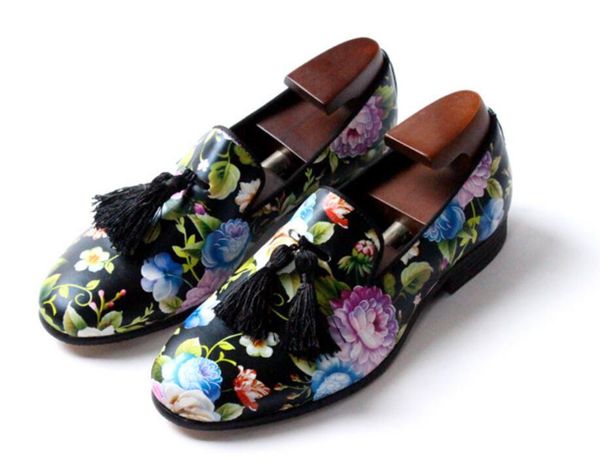

male paisley florals wedding leather oxfords shoes spring autumn mens loafers printed men casual loafers shoes flats, Black