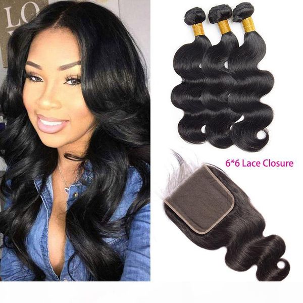 

brazilian virgin hair 3 bundles with 6x6 lace closure middle three part body wave hair products wefts with six by six closure lace size, Black;brown