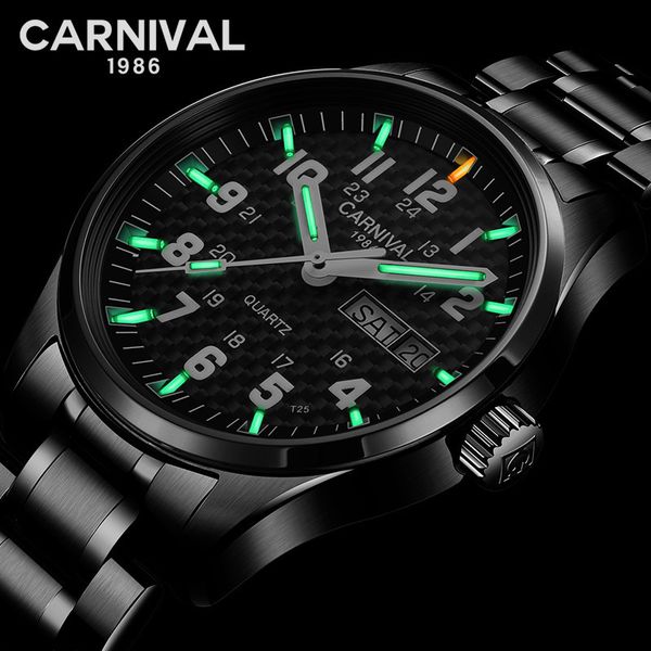 

carnival 25 years tritium self luminous quartz men's watches brand full black watch men with swiss movement double calendar t200409, Slivery;brown