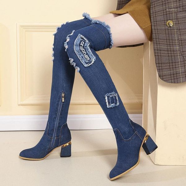 

boots womens denim over the knee pointed toe thick high heels shoes woman casual tassel cut out jeans long botas mujer1, Black