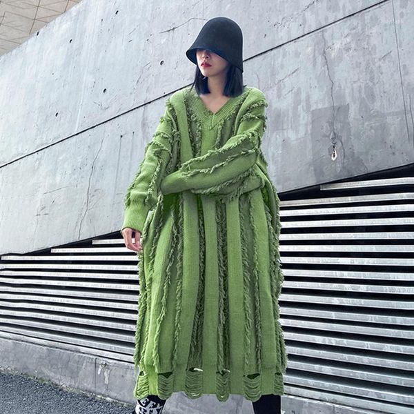 

casual hole sweaters for women v neck long sleeve loose tassel knitted oversized dresses female fashion clothing autumn d0191, Black;gray