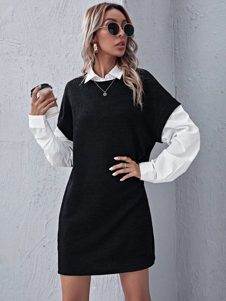 

colorblock rib-knit 2 in 1 dress she, Black;gray