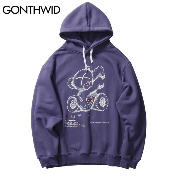 

harajuku creative bear print fleece hoodies casual pullover hooded sweatshirts streetwear 2020 mens fashion hoodie, Black