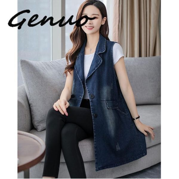 

genuo spring denim jackets vest woman autumn plus size long waistcoat denim female korean jacket sleeveless vest, Black;white