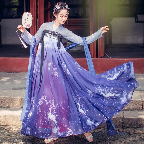 

2021 hanfu women cosplay costume fairy dress blue starry chinese ancient dynasty clothes set festival clothing hanfu dress bi695, Black;red