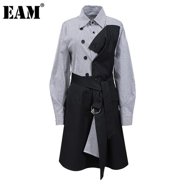

eam] women black irrgular striped pocket shirt dress new lapel long sleeve loose fit fashion tide spring autumn 2020 1dd0724, Black;gray